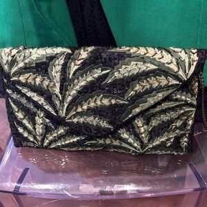 Leaf Patterned Green and Black Clutch